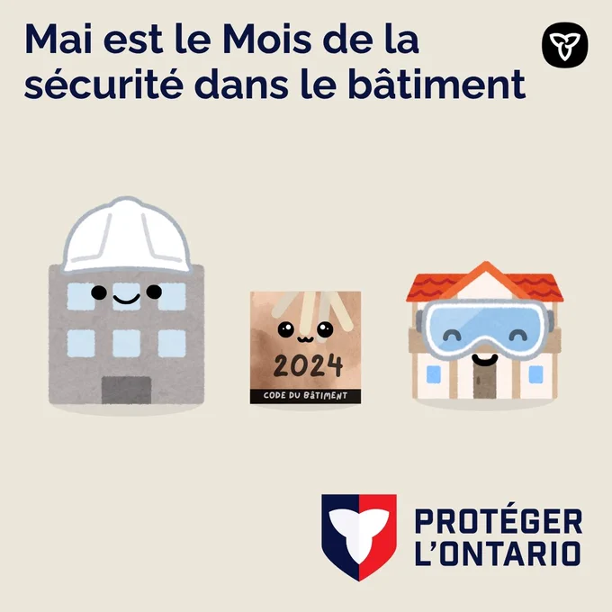 Illustrations de bâtiments anthropomorphes portant de l’équipement de sécurité et un petit visage souriant représentant le code du bâtiment 2024. Text: Mai est le Mois de la sécurité dans le bâtiment