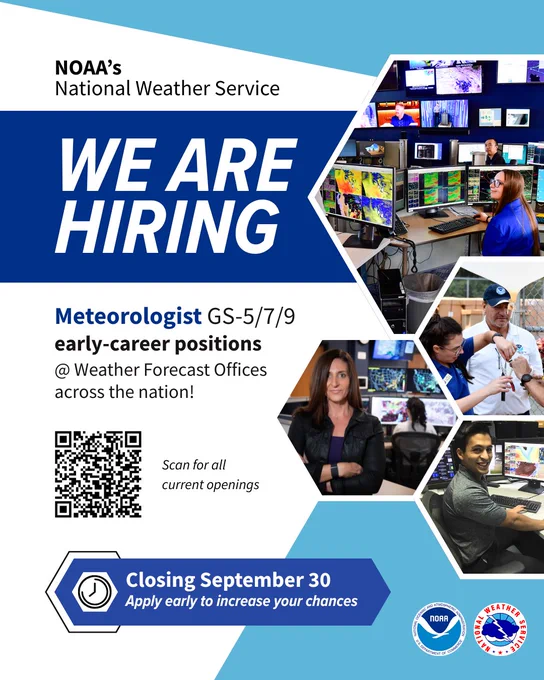 NOAA's National Weather Service is hiring meteorologists. Photos of screens, people working at computers, woman standing in front of weather screens in a studio. 