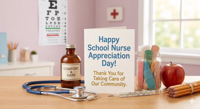 A clean and bright school clinic or office setting featuring a white greeting card centered on a wooden desk. The card reads "Happy School Nurse Appreciation Day! Thank You for Taking Care of Our Community." Surrounding the card are medical and school-themed items: a blue stethoscope, a brown vintage-style glass medicine bottle labeled "Comfort & Care," a glass jar filled with colorful adhesive bandages, a glass thermometer, a red apple, and a bundle of yellow pencils. In the soft-focused background, an eye chart and a small red medical cross are visible on the wall, creating a professional yet warm and caring atmosphere.