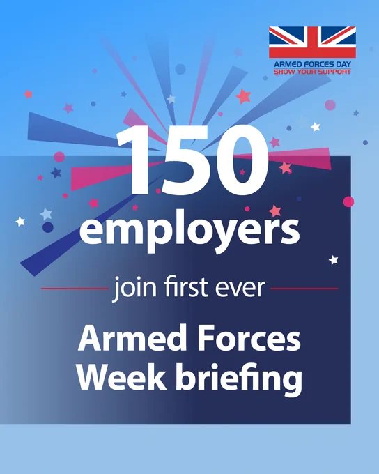 Blue graphic with text reading: '150 employers join first ever Armed Forces Week briefing.'