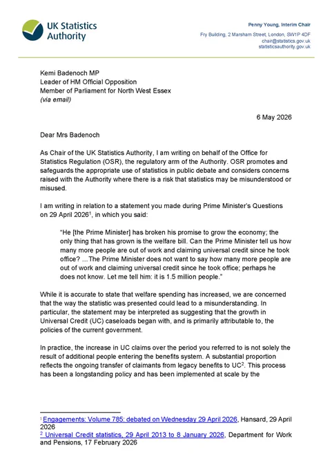 Page one of Penny Young's letter to Kemi Badenoch MP about numbers of Universal Credit claimants. The full letter is available in HTML through the link in the post.