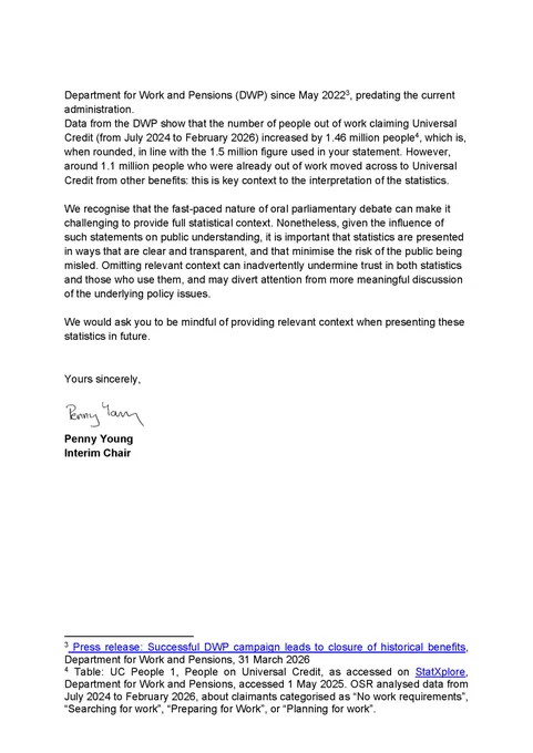Page two of Penny Young's letter to Kemi Badenoch MP about numbers of Universal Credit claimants. The full letter is available in HTML through the link in the post.