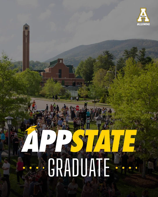 Graphic featuring a crowd of App State graduates and families gathered outdoors on campus, with the Bell Tower and mountains in the background. Large text overlay reads “APP STATE GRADUATE,” with the App State Alumni logo in the top right.