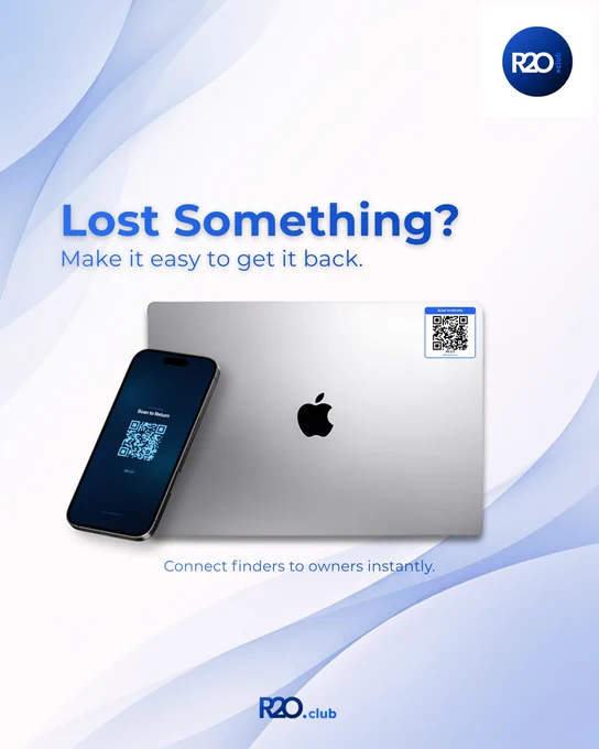 A clean promotional graphic showing a smartphone with a QR code lock screen and a laptop with a small QR code sticker, highlighting a system that helps protect and recover lost personal items.