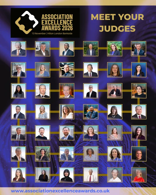 A promotional image featuring the judges for the Association Excellence Awards 2026. It includes a grid of portraits with text details such as the event date and location, creating a formal and professional mood.
