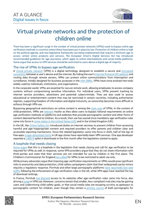 EPRS at-a-glance (first page) on 'Virtual private networks and the protection of children online' (January 2026)