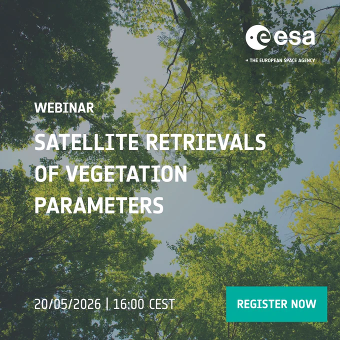 ESA webinar poster with leafy green forest canopy under blue sky, text: “Satellite retrievals of vegetation parameters” and date 20/05/2026