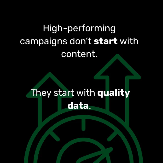 A motivational quote about the importance of data in high-performing campaigns, with upward arrows indicating growth.