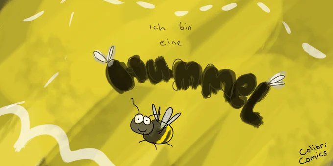 Eine lächelnde Hummel mit Text über ihr, der "HUMMEL" sagt. 

Der Text wird von kleinen Hummelflügeln getragen.

Der Hintergrund ist größtenteils gelb mit leicht dunkleren Streifen.
