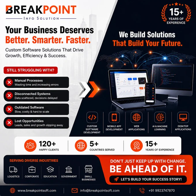 Still managing your business with outdated systems?

If your operations feel slow, disconnected, and hard to scale…
you’re not alone — but you are falling behind.

Manual processes are wasting your time
Disconnected systems are delaying decisions
Old software is limiting your growth

It doesn’t have to be this way.

At Breakpoint Info Solution, we build custom software solutions designed around your business — so you can operate faster, smarter, and without chaos.

Automate operations
Centralize your data
Improve efficiency
Scale with confidence

With 15  years of experience, 120  happy clients, and global reach across 5  countries, we help businesses turn challenges into growth opportunities.

Don’t just keep up with change —
Be ahead of it.

Let’s build your success story
www.breakpointsoft.com
info@breakpointsoft.com
 91 9923747870
