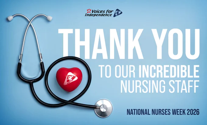 This image shows a stethoscope at left, with a red stress ball in the shape of a heart with the white triangular icon from the VFI logo on said ball. A light blue background provides contrast against the VFI logo at top and white and dark blue text at right, reading "Thank you to our incredible nursing staff - National Nurses Week 2026"