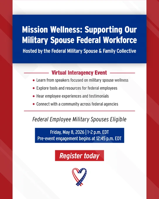 Promotional flyer titled “Mission Wellness: Supporting Our Military Spouse Federal Workforce,” hosted by the Federal Military Spouse & Family Collective. It advertises a virtual interagency event featuring speakers, resources for federal employees, real employee experiences, and community connection. The event is open to federal employee military spouses and takes place Friday, May 6, 2026, from 12–1 p.m. EDT.