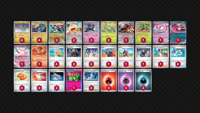 Pokémon: 23
4 Dreepy TWM 128
4 Drakloak TWM 129
3 Dragapult ex TWM 130
2 Meowth ex POR 62
2 Munkidori TWM 95
2 Budew ASC 16
1 Bloodmoon Ursaluna ex TWM 141
1 Maractus JTG 8
1 Latias ex SSP 76
1 Fezandipiti ex ASC 142
1 Lillie's Clefairy ex JTG 56
1 Moltres PFL 14

Trainer: 29
4 Lillie's Determination MEG 119
3 Boss's Orders MEG 114
2 Crispin SCR 133
1 Judge POR 76
1 Dawn PFL 87
1 Team Rocket's Petrel DRI 176
1 Rosa's Encouragement POR 84
4 Poké Pad POR 81
4 Buddy-Buddy Poffin TEF 144
3 Ultra Ball MEG 131
2 Night Stretcher ASC 196
1 Unfair Stamp TWM 165
2 Area Zero Underdepths SCR 131

Energy: 8
3 Fire Energy MEE 2
3 Psychic Energy MEE 5
2 Darkness Energy MEE 7