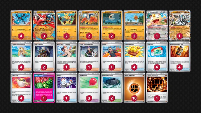 Pokémon: 17
4 Riolu MEG 76
3 Mega Lucario ex MEG 77
2 Makuhita MEG 72
2 Hariyama MEG 73
2 Lunatone MEG 74
2 Solrock MEG 75
1 Meowth ex POR 62
1 Cornerstone Mask Ogerpon ex TWM 112

Trainer: 32
4 Lillie's Determination MEG 119
2 Boss's Orders MEG 114
1 Black Belt's Training JTG 143
1 Team Rocket's Petrel DRI 176
1 Judge POR 76
4 Fighting Gong MEG 116
4 Poké Pad POR 81
4 Premium Power Pro MEG 124
4 Ultra Ball MEG 131
1 Unfair Stamp TWM 165
1 Switch MEG 130
3 Air Balloon ASC 181
2 Gravity Mountain SSP 177

Energy: 11
10 Fighting Energy MEE 6
1 Rocky Fighting Energy POR 87
