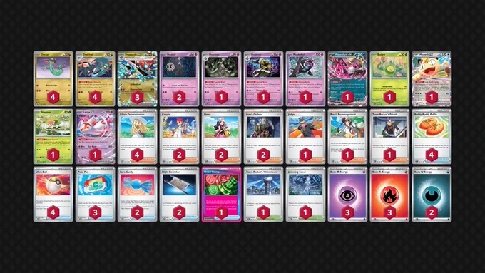Pokémon: 21
4 Dreepy TWM 128
4 Drakloak TWM 129
3 Dragapult ex TWM 130
2 Duskull PRE 35
1 Dusclops PRE 36
1 Dusknoir PRE 37
1 Munkidori TWM 95
1 Fezandipiti ex ASC 142
1 Budew ASC 16
1 Meowth ex POR 62
1 Shaymin DRI 10
1 Latias ex SSP 76

Trainer: 31
4 Lillie's Determination MEG 119
2 Crispin SCR 133
2 Dawn PFL 87
2 Boss's Orders MEG 114
1 Judge POR 76
1 Rosa's Encouragement POR 84
1 Team Rocket's Petrel DRI 176
4 Buddy-Buddy Poffin TEF 144
4 Ultra Ball MEG 131
3 Poké Pad POR 81
2 Rare Candy MEG 125
2 Night Stretcher ASC 196
1 Unfair Stamp TWM 165
1 Team Rocket's Watchtower DRI 180
1 Jamming Tower TWM 153

Energy: 8
3 Psychic Energy MEE 5
3 Fire Energy MEE 2
2 Darkness Energy MEE 7