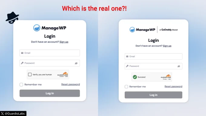 Comparison of two ManageWP login pages, highlighting potential phishing risks.