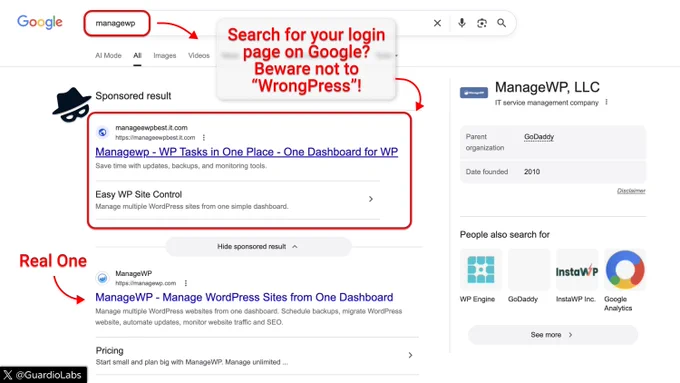 Google search results showing a phishing attempt impersonating ManageWP.