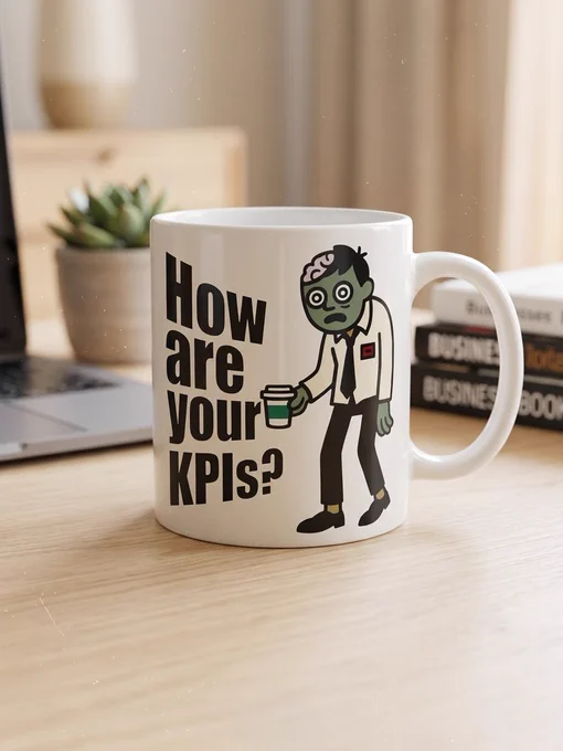 A cartoon zombie with green skin and wide, bloodshot eyes wears a rumpled business casual outfit and a black tie. He stares blankly ahead while holding a disposable coffee cup. To the left of the character, large, bold black text reads "How are your KPIs?" in an impactful, heavy font. The entire design has a subtle distressed texture, giving it a worn, vintage feel.