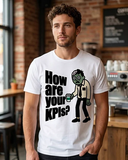 A cartoon zombie with green skin and wide, bloodshot eyes wears a rumpled business casual outfit and a black tie. He stares blankly ahead while holding a disposable coffee cup. To the left of the character, large, bold black text reads "How are your KPIs?" in an impactful, heavy font. The entire design has a subtle distressed texture, giving it a worn, vintage feel.