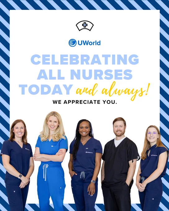 A group of five people in medical attire, with "UWorld" and a medical cap logo above them. The text reads, "Celebrating All Nurses Today and Always! We Appreciate You." The background has diagonal blue and white stripes.