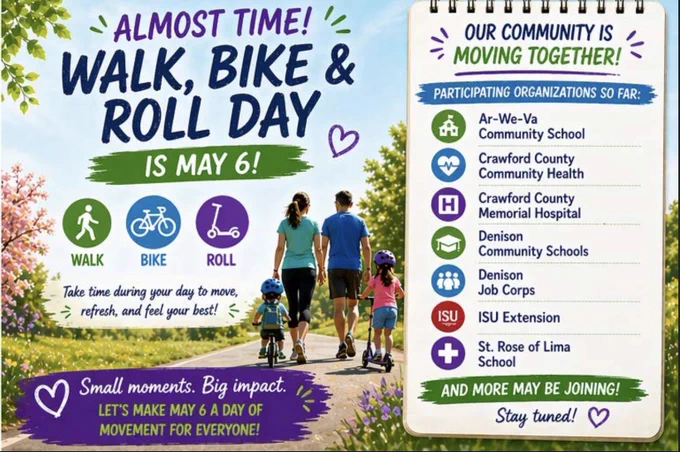 Family walking and biking outdoors promoting Walk, Bike & Roll Day on May 6 with community organizations listed for participation.