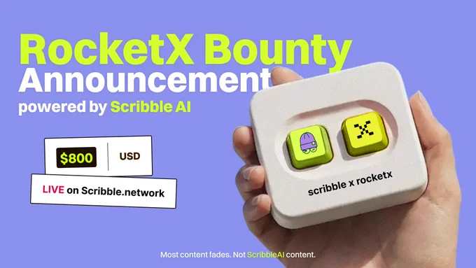 A hand holds a square device with two buttons, featuring logos, alongside a colorful announcement for a bounty competition.