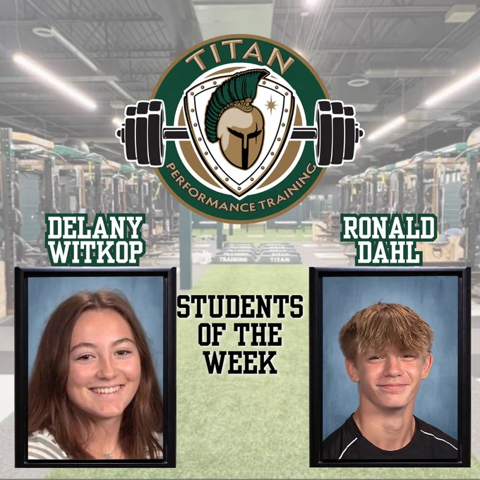 A collage shows two students, Delany Witkop and Ronald Dahl, labeled as "Students of the Week". They stand against a gym background.