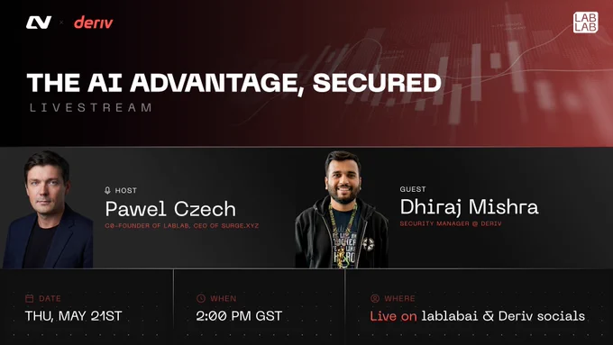 Promotional banner for "The AI Advantage, Secured" livestream, a LabLab × Deriv collaboration. Host Pawel Czech (Co-Founder of LabLab, CEO of Surge.xyz) and guest Dhiraj Mishra (Security Manager at Deriv) are featured with their photos. The event takes place on Thursday, May 21st at 2:00 PM GST, live on LabLab AI and Deriv social channels.

