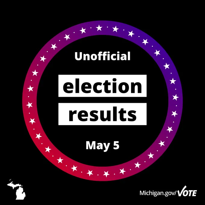 Circle with stars and dots in it

Silhouette of Michigan

Text: Unofficial election results

May 5

Michigan.gov/Vote