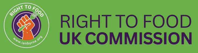 Right to Food Commission with a hand holding a fork as a logo.
