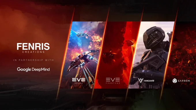 Fenris Creations in partnership with Google DeepMind. Graphic panels showcase titles for EVE Online, EVE Frontier, EVE Vanguard, and Carbon.
