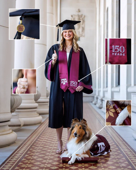 A girl in a graduation gown and cap stands in a corridor, giving a thumbs-up gesture. She wears a maroon sash with "Texas A&M" and "150 Years" printed on it. Texas A&M's mascot dog Reveille sits at her feet, with a matching maroon handkerchief showing "150 Years." Insets highlight the cap tassel, the person's thumbs-up, part of the sash, and the dog's paw on the ground.