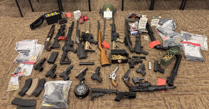 Various firearms including rifles, pistols, and ammunition laid out on a carpeted floor in organized rows.