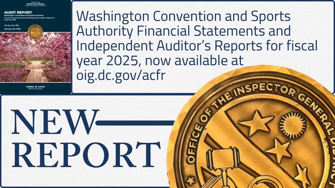 Infographic featuring DC OIG seal, heading “NEW REPORT,” image of the DC OIG report, and the text: “Washington Convention and Sports Authority Financial Statements and Independent Auditor's Reports for fiscal year 2025, now available at oig.dc.gov/acfr"