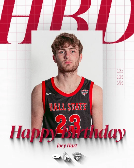 Happy Birthday graphic for Joey Hart featuring Hart in a black Ball State basketball jersey
Text:
HBD
05
06
26
Happy Birthday
Joey Hart