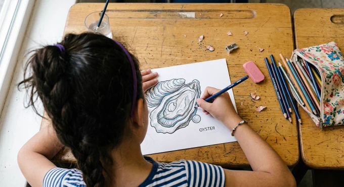 A student colors an oyster at a desk