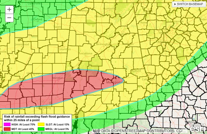 This graphic depicts the probability that rainfall will exceed flash flood guidance this evening through tonight. Although isolated flooding could occur anywhere in Central Alabama, the greatest risk of flooding will be across southwest Central Alabama.
