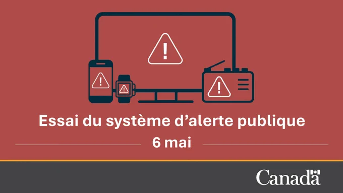 Une illustration d’une télévision, d’un téléphone portable, d’une montre intelligente et d’une radio avec l’icône de signe d’alerte sur chaque écran. Texte : Essai du système d’alerte publique. Aujourd’hui. 