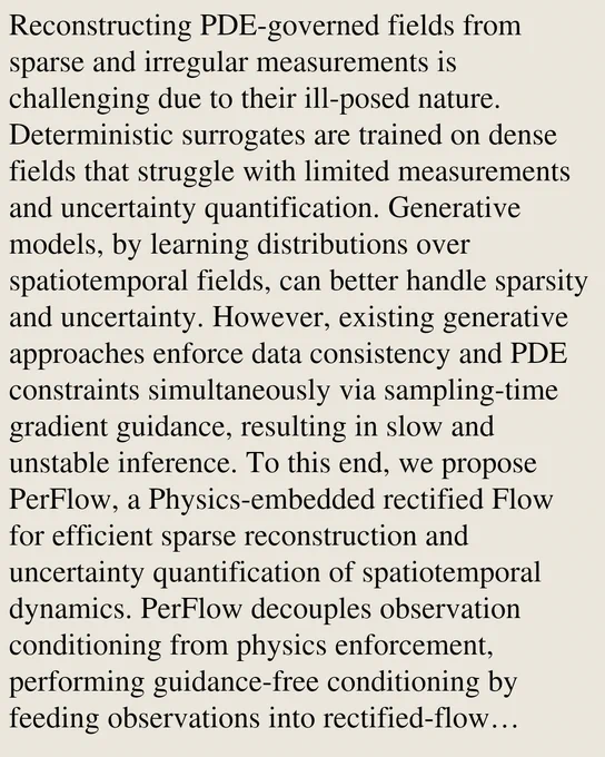 Reconstructing PDE-governed fields from sparse and irregular measurements is challenging due to their ill-posed nature. Deterministic surrogates are trained on dense fields that struggle with limited measurements and uncertainty quantification. Generative models, by learning distributions over spatiotemporal fields, can better handle sparsity and uncertainty. However, existing generative approaches enforce data consistency and PDE constraints simultaneously via sampling-time gradient guidance, resulting in slow and unstable inference. To this end, we propose PerFlow, a Physics-embedded rectified Flow for efficient sparse reconstruction and uncertainty quantification of spatiotemporal dynamics. PerFlow decouples observation conditioning from physics enforcement, performing guidance-free conditioning by feeding observations into rectified-flow dynamics while embedding hard physics via a constraint-preserving projection (e.g., incompressibility or conservation). Theoretically, we establis