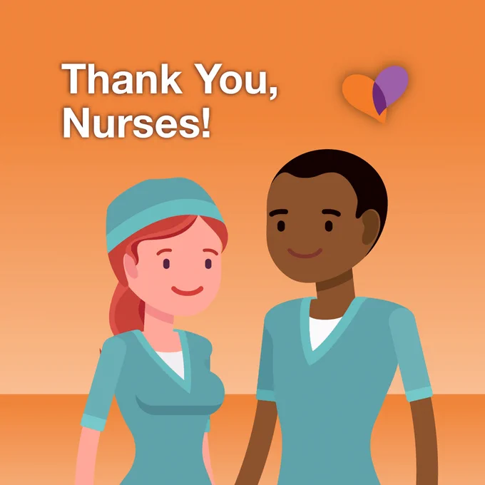Illustration of two people in scrubs standing together with a heart symbol above them. Text reads, "Thank You, Nurses!"