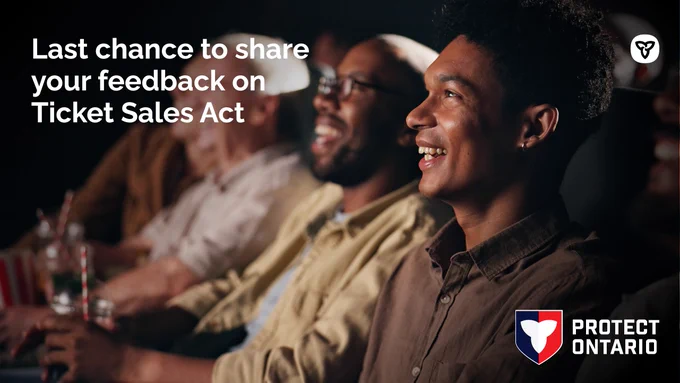  People smiling while sitting in a theatre. Text: Last chance to share your feedback on Ticket Sales Act