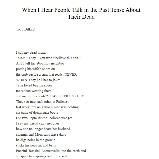 When I Hear People Talk in the Past Tense About Their Dead
Todd Dillard

I call my dead mom.
“Mom,” I say. “You won’t believe this shit.”
And I tell her about my neighbor
putting his wife’s shoes on
the curb beside a sign that reads: NEVER
WORN. I say he likes to joke:
“She loved buying shoes
more than wearing them,”
and my mom shouts “THAT’S STILL TRUE!”
They ran into each other at Fallmart
last week, my neighbor’s wife was holding
six pairs of dominatrix boots
and two Pepto Bismol-colored wedges.
I say my friend can’t get over
how she no longer hears her husband
singing, and Mom says these days
he digs holes in the ground,
sticks his head in, and belts
Puccini, Rossini, Leoncavallo into the earth and
an apple tree springs out of the soil.