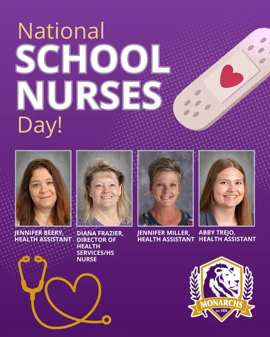 National School Nurses Day tribute showing four health staff members' photos on a purple background with a heart bandage and the Denison logo.