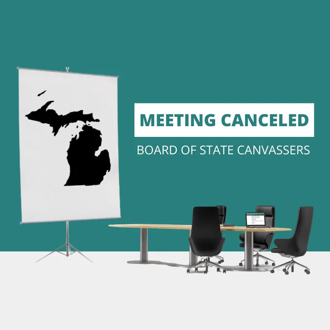 Laptop on table with four empty chairs and a poster of a Michigan map.

Text: Meeting canceled
Board of State Canvassers