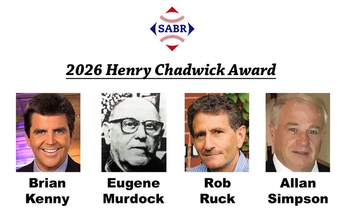 The 2026 recipients of the #SABR Henry Chadwick Award, honoring contributions to baseball research, are: Brian Kenny, Eugene Murdock, Rob Ruck, and Allan Simpson. Learn more: