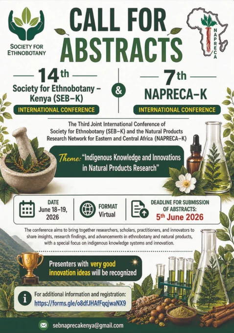 Call for Abstracts graphic for the 14th Society for Ethnobotany Kenya and 7th NAPRECA-K International Conference. The graphic features a white and dark green color scheme with botanical imagery including a mortar and pestle, laboratory glassware, green leaves, and herbs. The Society for Ethnobotany logo appears in the upper left and the NAPRECA logo in the upper right. The conference theme, "Indigenous Knowledge and Innovations in Natural Products Research," is displayed in a dark green banner. Key details shown include the conference dates of June 18-19, 2026, a virtual format, and an abstract submission deadline of June 5, 2026. A trophy graphic notes that presenters with outstanding innovation ideas will be recognized. The registration link and contact email sebnaprecakenya@gmail.com appear at the bottom.