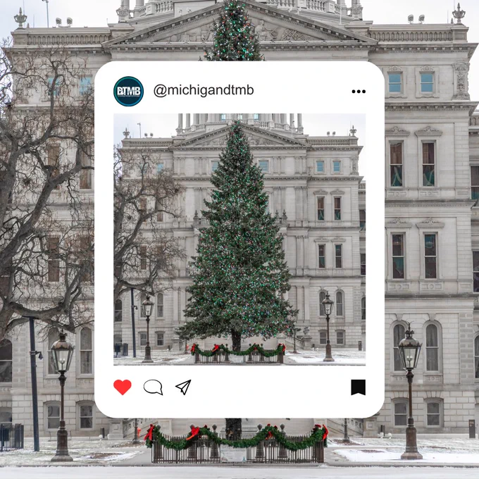 An Instagram post of a decorated Christmas tree in front of the Michigan state capitol.