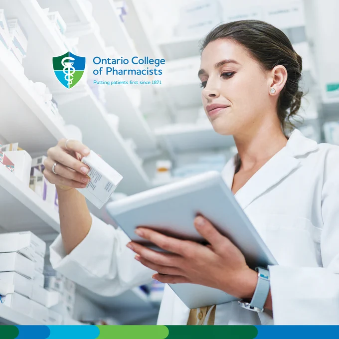 College logo appears on an image of a pharmacy professional working in a pharmacy.  
