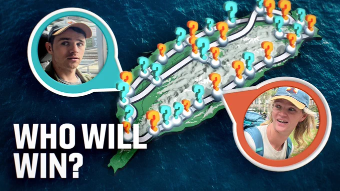 Adam Chase in a blue location tag and Sam Denby in an orange one, with the map of Taiwan below them with the rail map overlaid and question marks over stations. Text in the bottom left corner reads, “Who will win?”