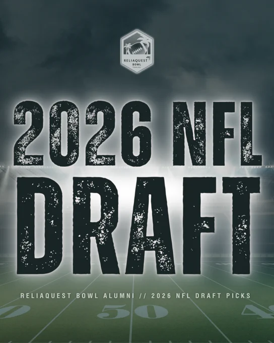 Promotional graphic for the 2026 NFL Draft featuring ReliaQuest Bowl alumni. The image has a dramatic and intense mood with a dark, stormy sky and bold text.